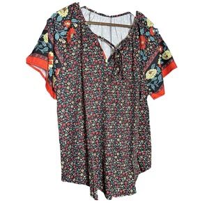 Southwestern Top Floral Embroidery Ruffle Boho Hippie 2X 3X‎ Tie Tassel